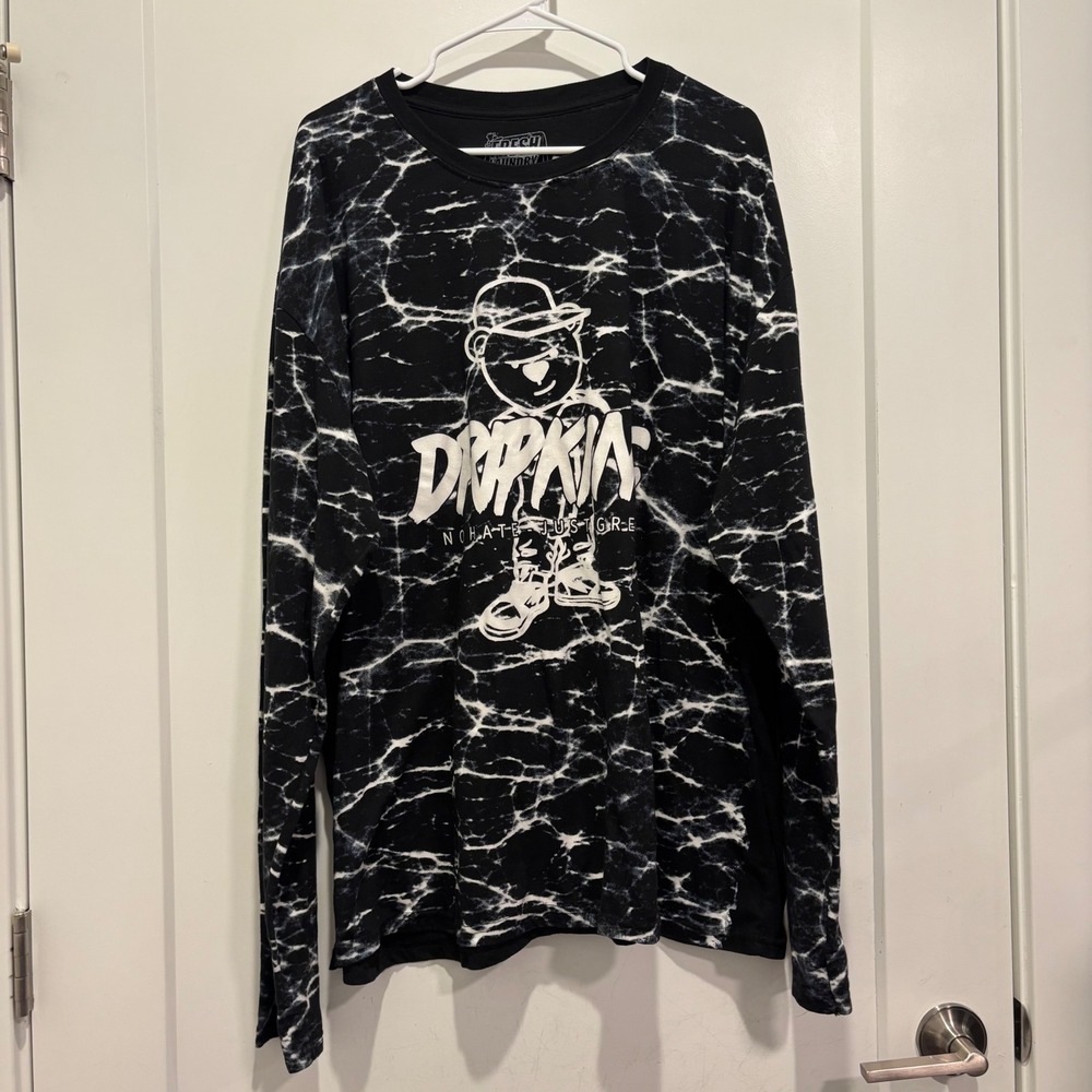 Fresh Laundry Dripking Graphic Long Sleeve Shirt Black White Marble Print Mens L